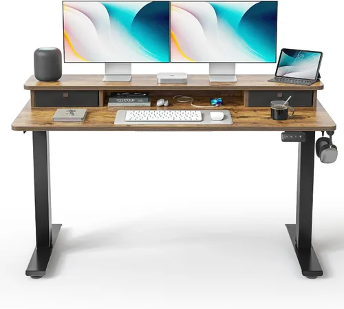 Miniatura 12 de FEZIBO Escritorio de pie de 48 x 24 pulgadas con altura ajustable, escritorio eléctrico de pie con doble cajón, escritorio de oficina en casa con 4