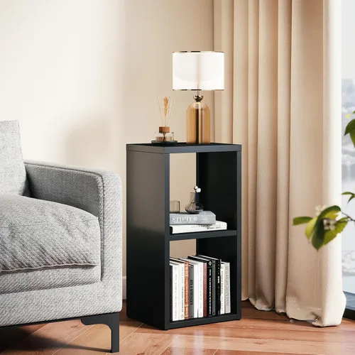 Organizador de almacenamiento vertical de 2 cubos de metal, estantería corta negra con espalda abierta, estante de almacenamiento de cubo pequeño