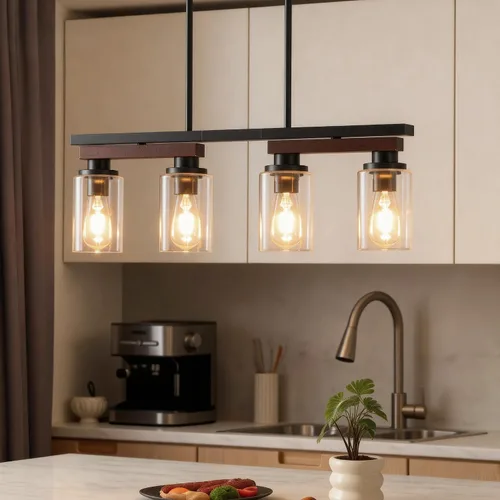 4 lámparas de isla de cocina y accesorios de iluminación de comedor de granja sobre mesa, colgante rústico ajustable para techo - Diseño giratorio,