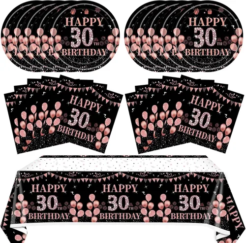 Miniatura 18 de 41 piezas de decoraciones de 90 cumpleaños para mujeres, platos y servilletas de 90 cumpleaños en negro y oro rosa, juego de vajilla de feliz