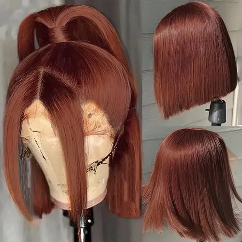 Miniatura 7 de Peluca de encaje frontal de 13x4 de cabello humano brasileño virgen rojizo 12 pulgadas con cabello de bebé, 180% de densidad, sin pegamento, peluca