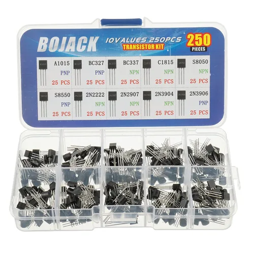 BOJACK 10 valores 250 piezas A1015 BC327 BC337 C1815 S8050 S8550 2N2222 2N2907 2N3904 2N3906 PNP NPN Power Kit surtido de transistores de uso general