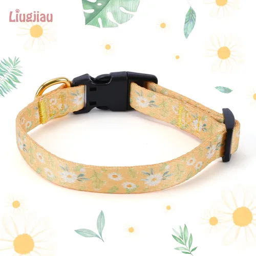 Miniatura 2 de Collar de perro de algodón hecho a mano para perros pequeños, medianos y grandes, margarita amarilla con colgante, lindos collares de perro (M)