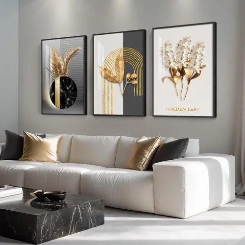 Miniatura 36 de Arte de pared moderno enmarcado en blanco y negro, 3 piezas de impresiones contemporáneas grandes para paredes, juego de 3 imágenes de hojas doradas