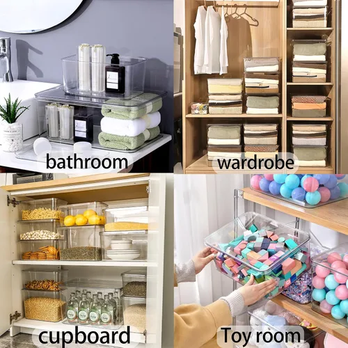 Miniatura 4 de Juego de cubos de almacenamiento de plástico con tapa, organizador de cesta de escritorio transparente, contenedor de cocina, ropa, armario, estante