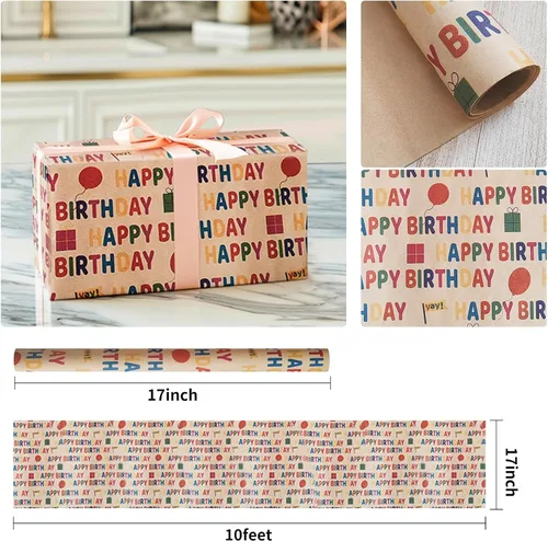 Miniatura 2 de Papel de regalo de cumpleaños, rollo de papel de regalo, papel de regalo kraft – patrón colorido de feliz cumpleaños para niños y niñas, papel