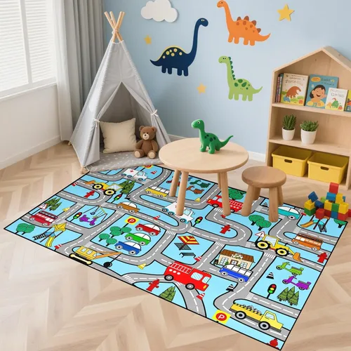 Miniatura 22 de Alfombras de construcción para habitación de niños de 2 x 3 pies, alfombra de juego para autos y camiones, alfombra de coche para niños, alfombra