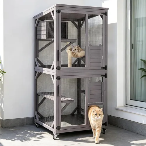Miniatura 10 de Aivituvin Catio - Caja para gatos con ruedas, casa para gatos al aire libre con techo resistente a la intemperie, 3 plataformas, jaula portátil