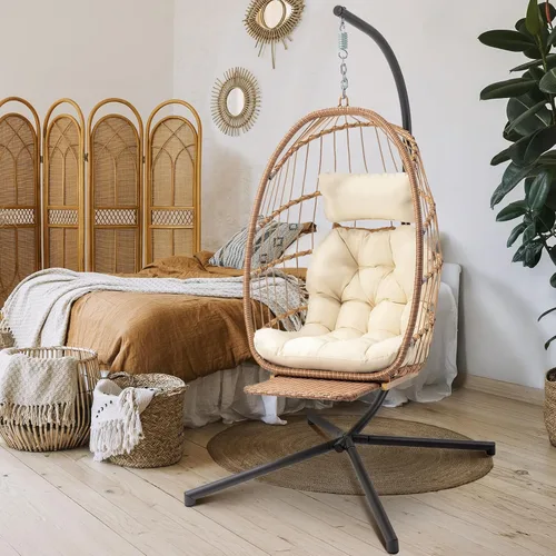 Silla colgante de huevo Brafab con soporte y reposapiés, silla de columpio de mimbre en forma de huevo, marco de aluminio-acero para interiores y