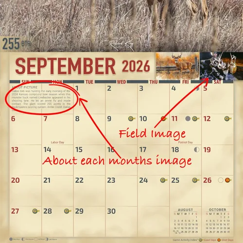 Miniatura 5 de Calendario de pared de venado cola blanca monstruo 2026, 16 meses, tamaño XL, 14x22, Calendario Big Buck Rack de The KING Company - Calendarios
