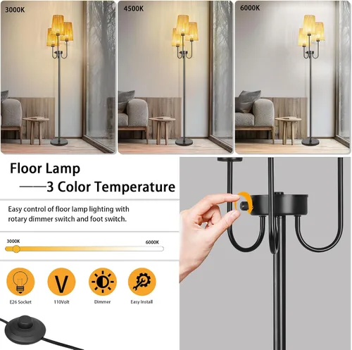 Miniatura 2 de Lámpara de pie de ratán para sala de estar, lámpara de pie de granja de 3 luces con pantallas de ratán, lámparas altas rústicas de 65 pulgadas
