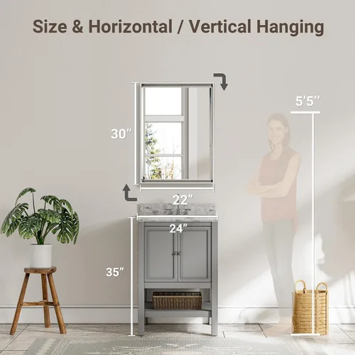 Miniatura 5 de Espejo de baño plateado, espejo rectangular biselado de 22 x 30 pulgadas, espejo de tocador con marco de metal plateado antioxidante Cepillo Plata