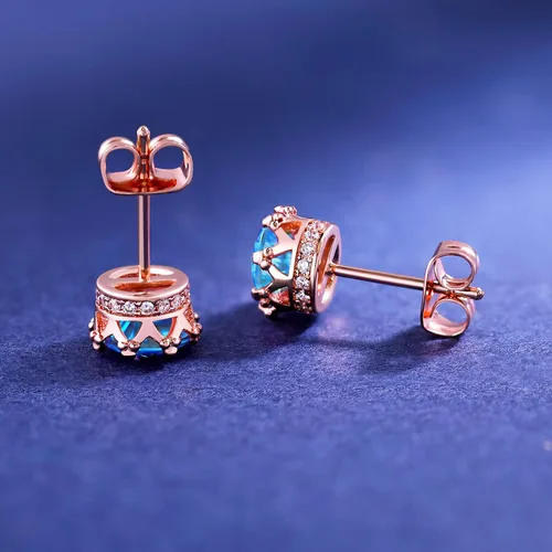 Miniatura 40 de MDFUN Aretes chapados en oro rosa para mujer, 0.236 in, corona brillante redonda, piedra natal, regalo de cumpleaños