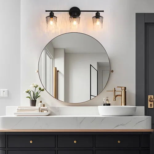 Miniatura 3 de Lámpara de baño de 3 luces, lámpara de tocador negra mate con pantalla de vidrio gris, moderna lámpara de pared de baño E26 para sobre espejo