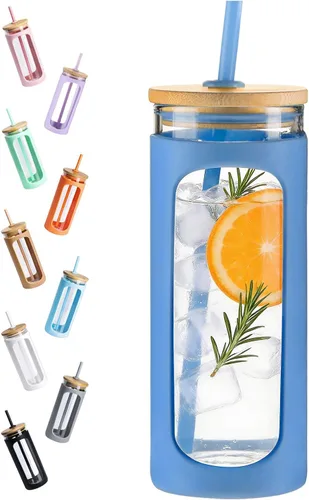 Miniatura 32 de Kodrine Vaso para agua de vidrio de 20 onzas con popote y tapa, botella de agua con tapas de bambú, taza para café helado, reutilizable, boca ancha