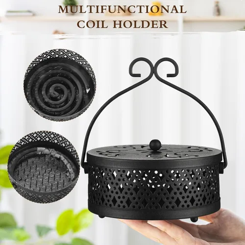Miniatura 4 de Lallisa Juego de soportes de bobina de incienso, quemador de incienso redondo de metal colgante con asa y tapa, contenedor portátil para patio