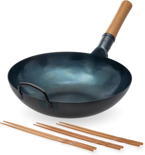 YOSUKATA Wok Pan de fondo plano - Wok de acero al carbono azul de 13.5" + palillos de cocina largos reutilizables de madera natural Juego de 3