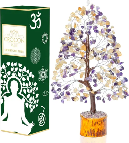 Miniatura 26 de Crocon - Árbol del dinero con piedras preciosas de citrina, figura del feng shui; bonsái balance de chakras, buena suerte, reiki, curación, Citrino
