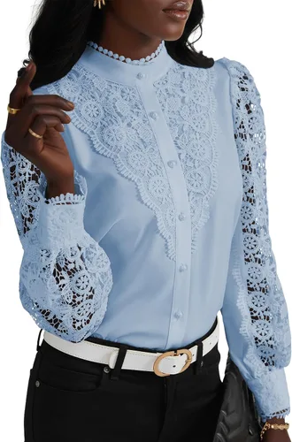 Miniatura 28 de Rooscier Blusa Elegante de Encaje de Crochet con Cuello Alto Simulado de Manga Larga con Botones para Mujer Top