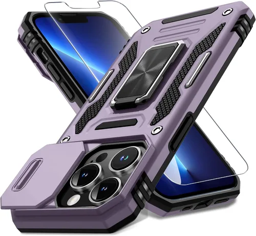 Miniatura 270 de DEERLAMN Funda para iPhone Xs Max con funda deslizante para cámara + protector de pantalla, soporte giratorio de anillo de grado militar a prueba