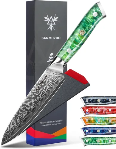 Miniatura 6 de Cuchillo utilitario de cocina de 5 pulgadas, cuchillos de cocina de la serie Xuan, acero de damasco VG10 con mango de resina (naranja fantasía)