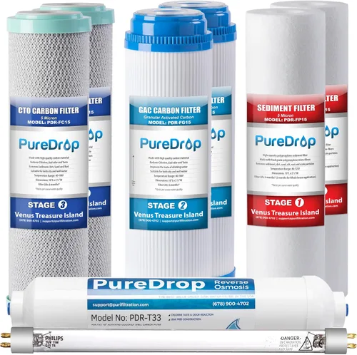 PureDrop PDR-F8U 50 GPD Filtro de agua de ósmosis inversa Cartuchos de repuesto de 1 año para sistema de filtración de agua RO de 6 etapas RTW5U con