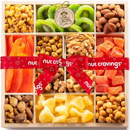 Miniatura 11 de NUT CRAVINGS - Cesta de regalo con arreglo floral de frutas secas navideñas en cesta de regalo de madera en forma de manzana + bandeja (9 surtido)
