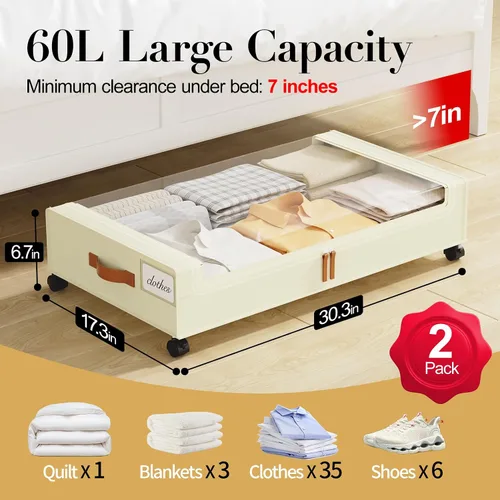 Miniatura 2 de Yecaye Almacenamiento Debajo de la Cama con Ruedas, 2 Paquetes de Cajas de Almacenamiento Debajo de la Cama con Tapas Transparentes y Etiqueta, 60L