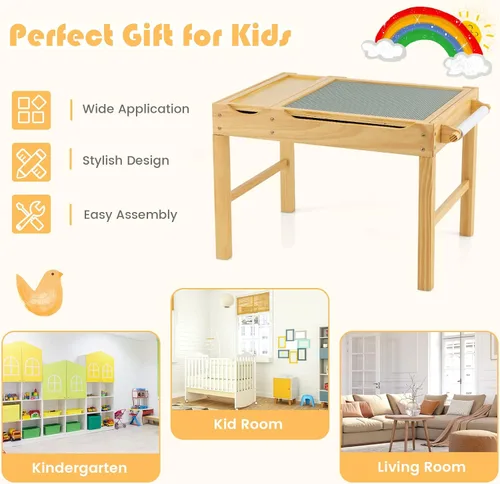 Miniatura 9 de HONEY JOY Mesa para niños, mesa de actividades de madera 2 en 1 con rollo de papel, mesa de bloques de construcción convertible, 3 compartimentos