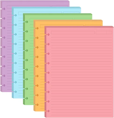 Insertos preperforados de 5 líneas de color para Happy Planners con 9 discos, papel suelto de tamaño clásico con 100 hojas/200 páginas, 20 hojas por