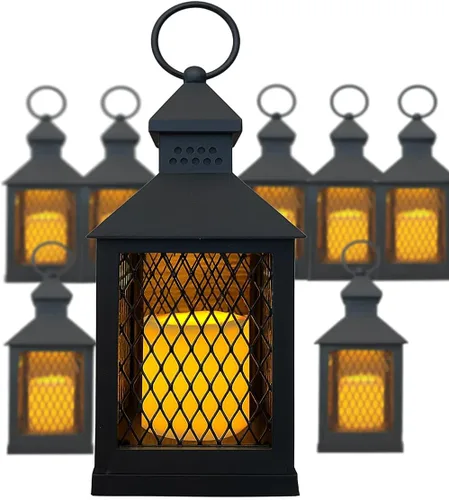 Miniatura 2 de Juego de 12 faroles de granja de 10 pulgadas decorativas negras con vela LED sin llama, temporizador de 5 horas, resistente a la intemperie, luces