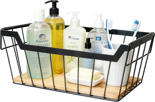 Miniatura 12 de ShabbyDecor Cesta de alambre de metal, base de madera desmontable, organizador de almacenamiento, cesta colgante para armarios de cocina, baño, Negro