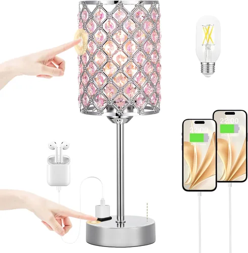Miniatura 11 de Lámpara de mesa de cristal con control táctil, lámpara de mesita de noche regulable con puertos de carga USB-C+A y CA, lámpara USB dorada de 3 vías