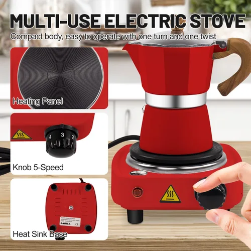 Miniatura 4 de Set de Cafetera Moka 2 en 1 con Estufa Eléctrica de 3 Tazas, Cafetera de Café de Aluminio para Cocina, Percolador Clásico Italiano para Café Mocha
