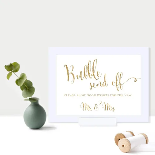 Miniatura 3 de Andaz Press Letreros de fiesta enmarcados para boda, impresión de purpurina dorada, 5 x 7 pulgadas, Bubble Send Off Please Blow Good Wishes for the