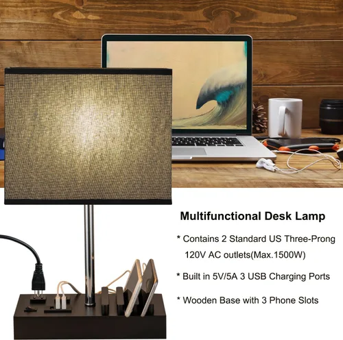 Miniatura 6 de Briever Lámpara de mesa USB, lámpara multifuncional de mesita de noche con 2 salidas de CA, 3 puertos de carga USB y organizador de soporte