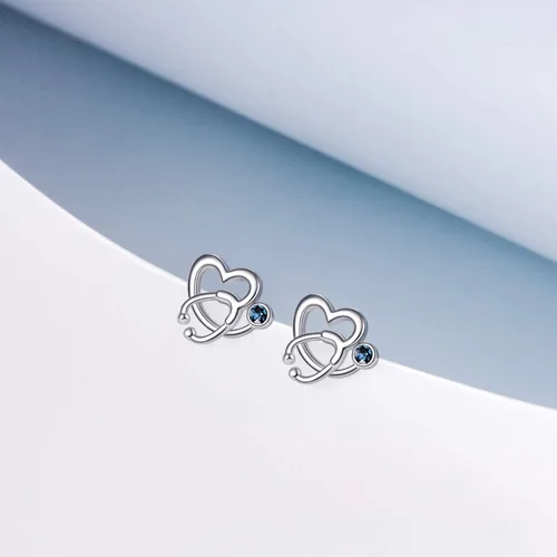 Miniatura 5 de AOBOCO - Aretes tipo dormilona de plata esterlina con forma de estetoscopio y piedras natales de imitación, joyería fina para regalo enfermero