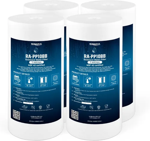 Miniatura 16 de Filtros de agua de repuesto para sedimentos grandes de 1 micrón, cartuchos de 4.5 x 10 pulgadas de Ronaqua bien combinados con RFC-BBSA, W15-PR
