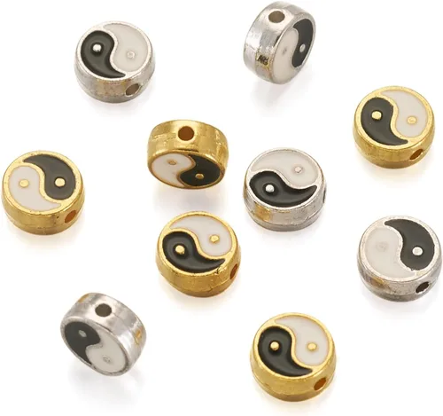 Miniatura 2 de Craftdady 60 cuentas esmaltadas de aleación de zinc Yin Yang de disco redondo plano Tai Chi Taoísmo cuentas espaciadoras sueltas 0.335x0.138 in
