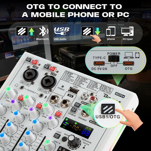 Miniatura 4 de Bolanle Mezclador DJ de 4 canales con 100 efectos DSP, interfaz de audio USB y Bluetooth, tarjeta de sonido profesional para podcast, karaoke