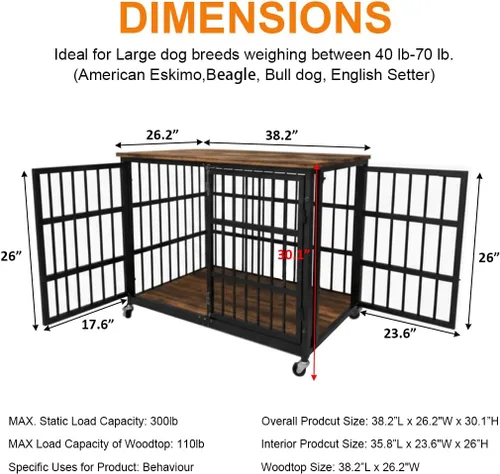 Boldbone Mueble de jaula para perros de 38 pulgadas, resistente para perros grandes, jaula de madera a prueba de fugas y masticaciones para perros