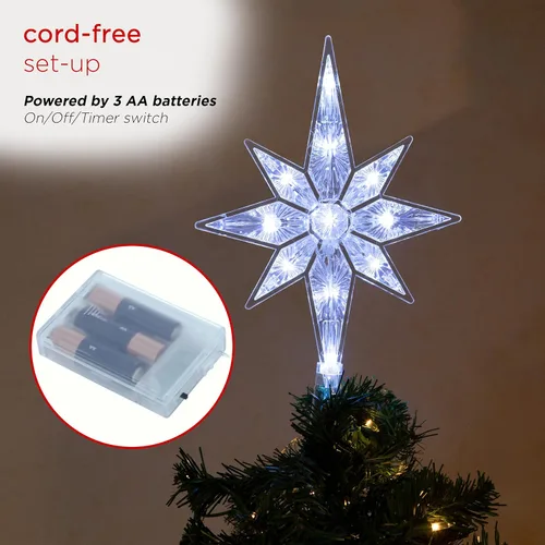 Miniatura 5 de Alpine Corporation Copo de nieve de 13 pulgadas de alto con 8 puntos para árbol con 11 luces LED blancas frías, decoración navideña con función