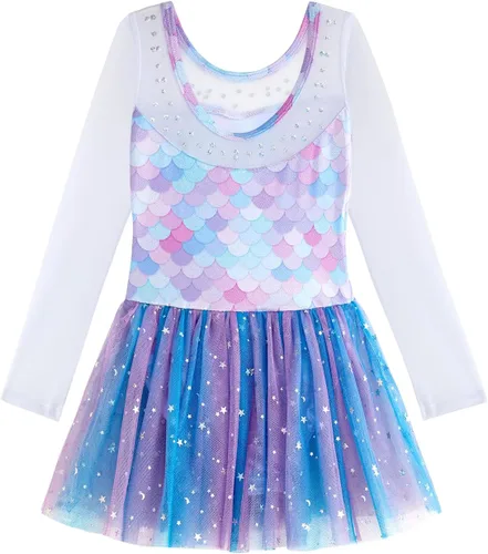 Miniatura 137 de EQSJIU Leotardo de baile de manga larga para niñas, vestido de ballet brillante con copo de nieve, tutú con falda tutú para niñas