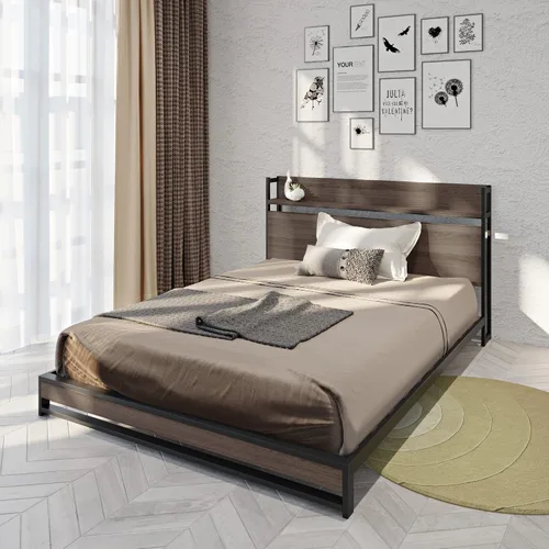 Miniatura 10 de Marco de cama de plataforma de metal resistente de 14 pulgadas con cabecero y estribo de madera, plataforma de metal, gran almacenamiento debajo