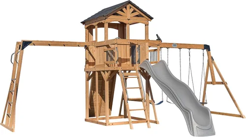 Miniatura 34 de Juego de columpios Backyard Discovery Sterling Point con tobogán de ola, casa de juegos elevada, puente de madera, pared de roca, columpios