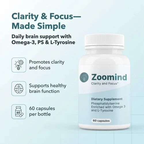 Miniatura 4 de Zoomind - Suplementos cerebrales para concentración y claridad, salud cerebral con omega-3, fosfatidilserina (PS) y L-tirosina. Apoya la función