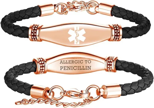 Miniatura 48 de LinnaLove Pulseras de alerta médica para mujeres, hermosas pulseras de cuero femenino para identificación médica con grabado gratuito