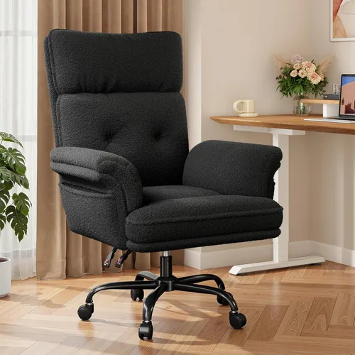 Miniatura 9 de DurayLoly Silla cruzada con ruedas y brazos, silla de tocador de felpa con bolsillos laterales, sillas de escritorio ajustables para oficina en Negro