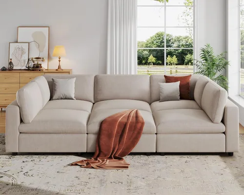 Miniatura 34 de VANOMi Sofá modular, cómodo sofá con marco de madera maciza de 3 asientos, sofá moderno certificado FSC para sala de estar, beige