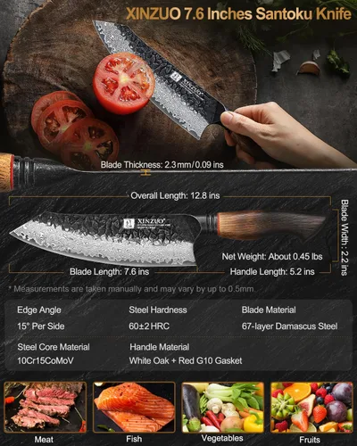 Miniatura 3 de XINZUO Cuchillo Santoku de Damasco Afilado de 7.6 Pulgadas, Cuchillo Profesional de Cocina para Carne de Acero Damasco de 67 Capas para Hogar